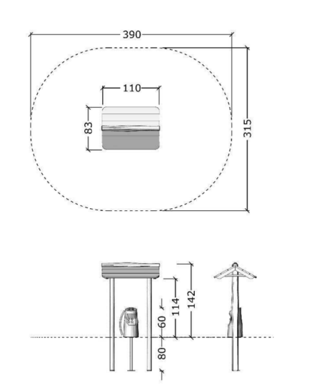 tekening met afmetingen van het Robinia Tankstation met afdak