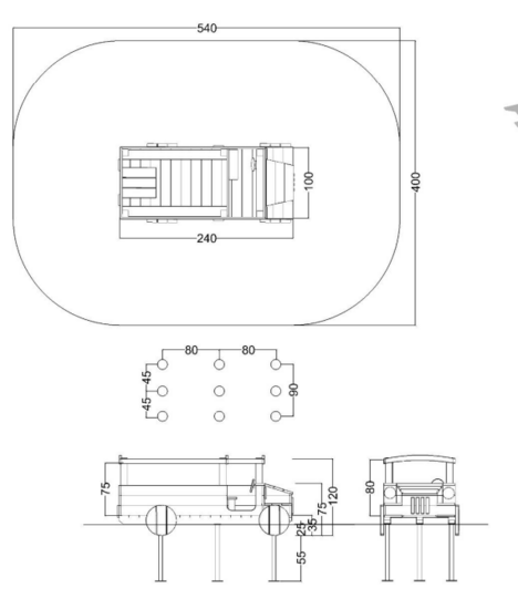 tekening met afmetingen en vrije ruimtes van de Houten Speelbus