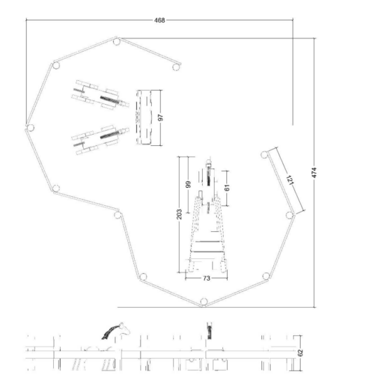 tekening met afmetingen en vrije ruimtes van de Robinia Paardenwei met 3 paarden, kar en waterbak