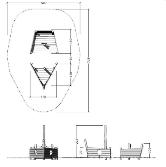 tekening met afmetingen en vrije ruimtes van de Robinia Speelboot