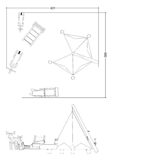 tekening met afmetingen en vrije ruimtes van het Robinia Speeldorp met tent, rendieren, sneeuwscooter en slee