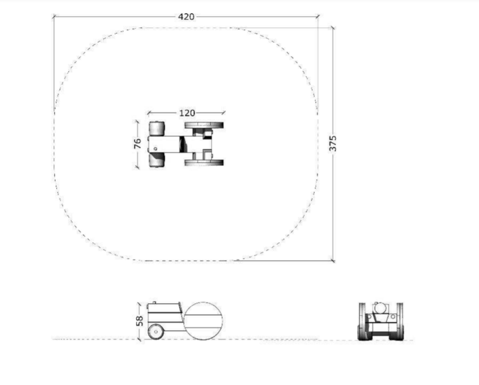 tekening met afmetingen en vrije ruimtes van de Robinia Tractor Openbaar