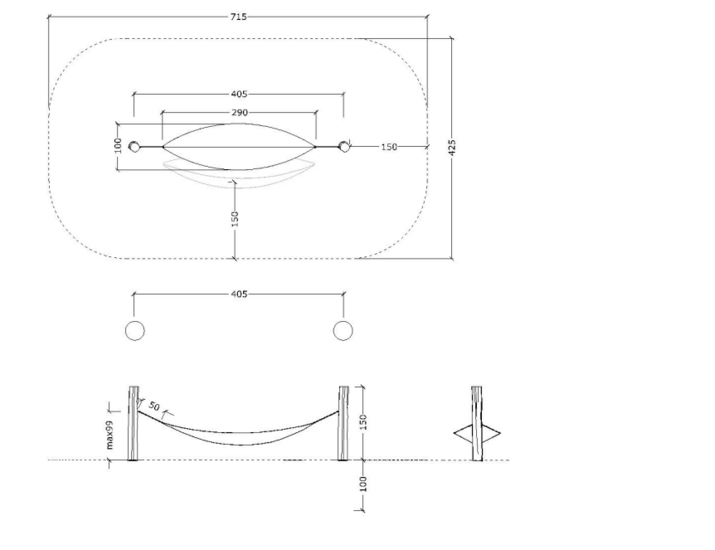 tekening met afmetingen en vrije ruimtes van de Robinia Hangmat zwart Openbaar