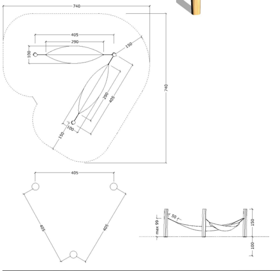 tekening met afmetingen en vrije ruimtes van de Robinia Hangmatten Openbaar