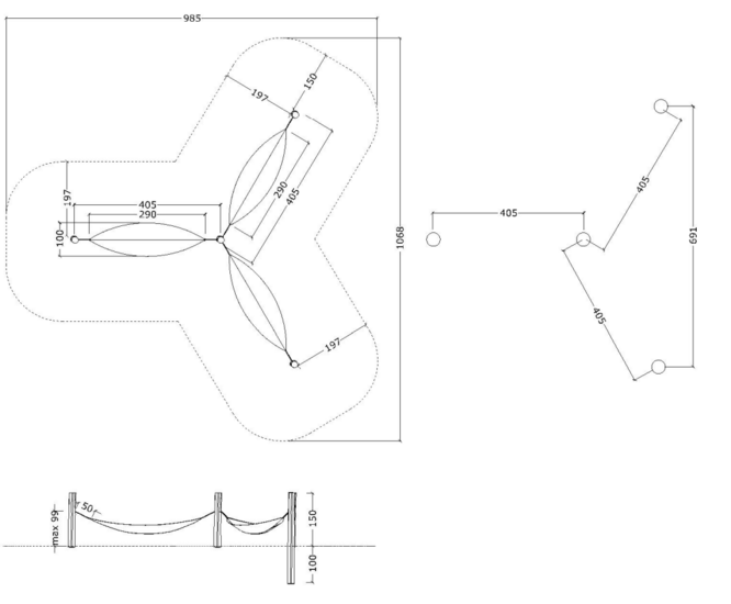 tekening met afmetingen van de Robinia 3 Hangmatten Openbaar