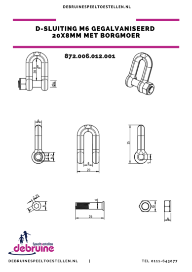 D-sluiting M6 gegalvaniseerd 20x8mm  - Maatvoering