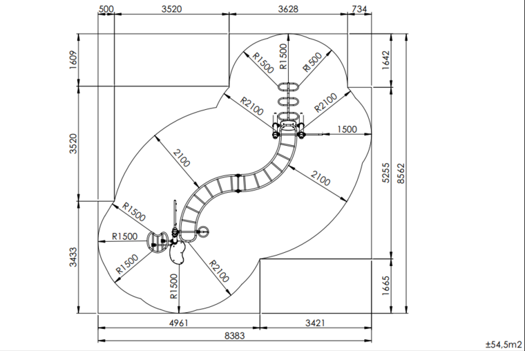 tekening met afmetingen van het Europlay Klimtoestel Atlantis S