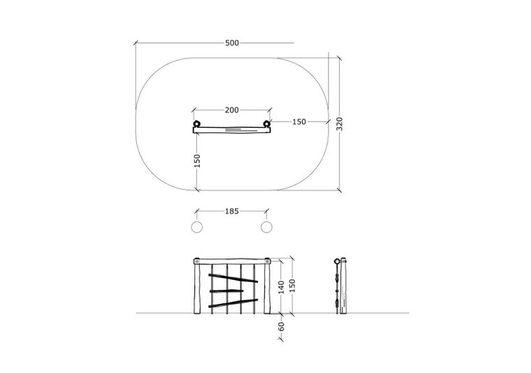 Tekening met maatvoering van Robinia Klimtoestel met Houten Sporten 