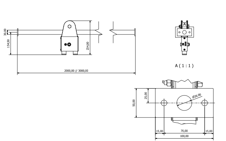 tekening met afmetingen van de Zandtakel op rail recht RVS Openbaar - 3M