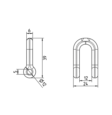 tekening D-Sluiting M6 RVS 23x12mm met borgmoer 