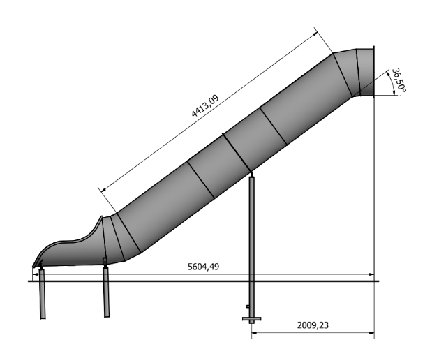 tekening zijaanzicht van de RVS Buisglijbaan voor Platformhoogte 300 cm  met afmetingen