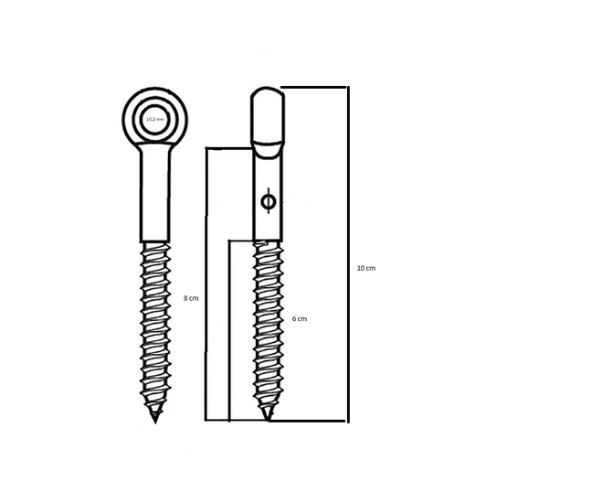 tekening met vrije ruimtes van de Oogschroef met draadeind M10 x 80mm *RVS**