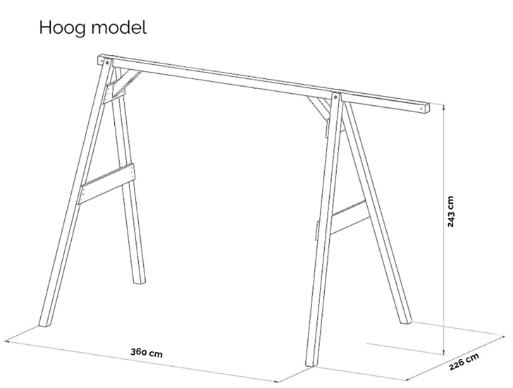 Vrijstaande schommel met 5 haken hoog model afmetingen