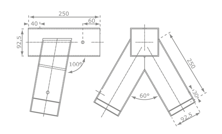 afmetingen tekening hoekverbinding schuin 