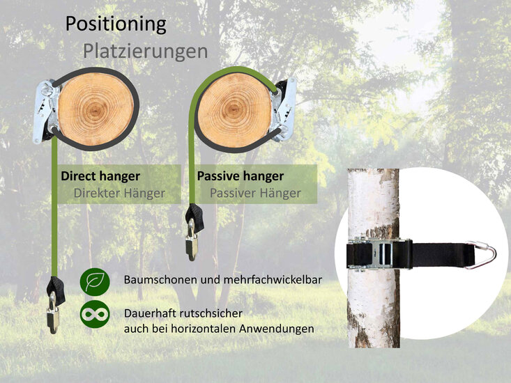 Patron Schommelhaak voor Boom met Ratel 100 cm en Noodschalm manieren van ophanging