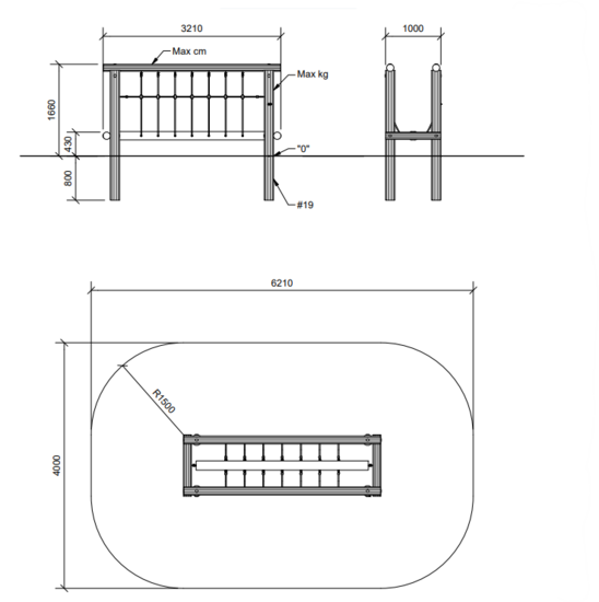 Afmetingen vrije ruimte Robinia Balanceerbrug Climbcraft 