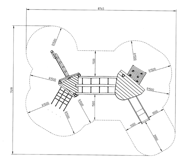 afmetingen tekening Robinia speeltoren Saskatchewan Dubbel met Loopbrug