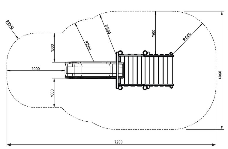 tekening 2 met afmetingen van de Robinia speeltoren Moose met HDPE glijbaan