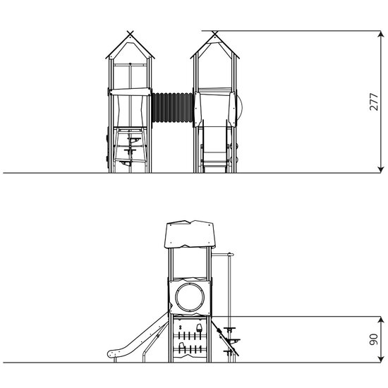 Zij aanzicht met afmetingen van de speeltoren