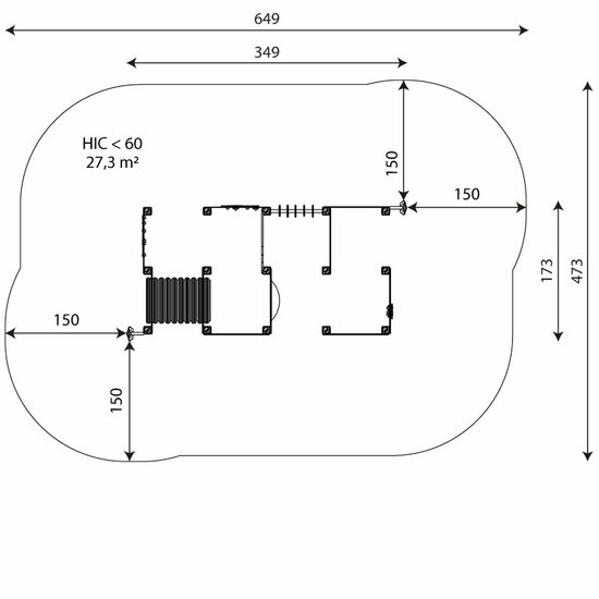Vrije ruimte en afmetingen van het boven aanzicht speelparcours Doolhof  Eco Expeditie