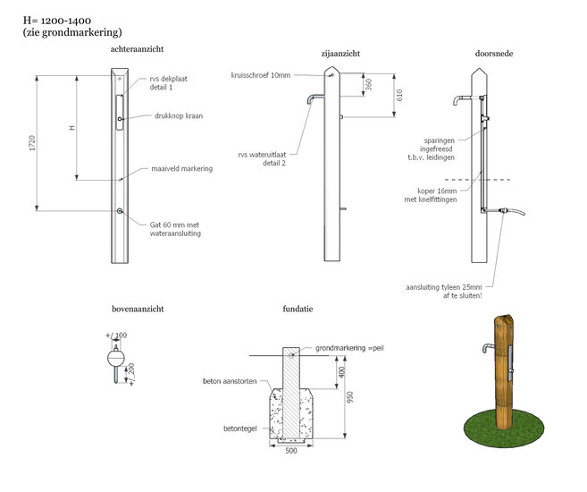 Robinia houten Watertappunt afmetingen en doorsnedes