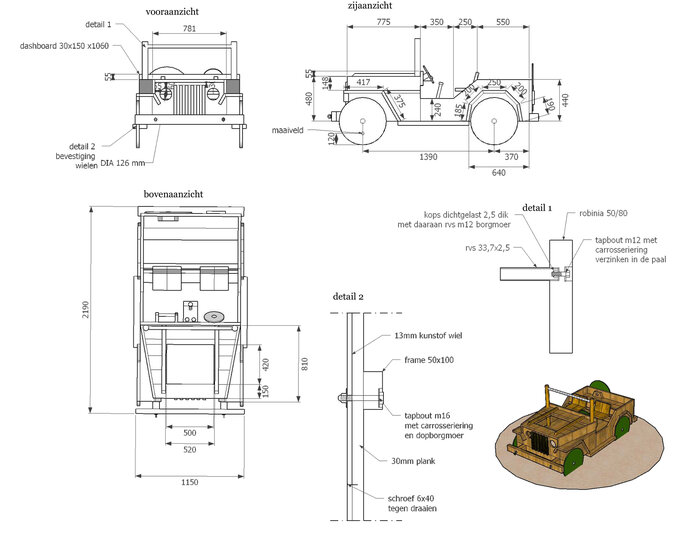 afmetingen van safari jeep van robinia hout