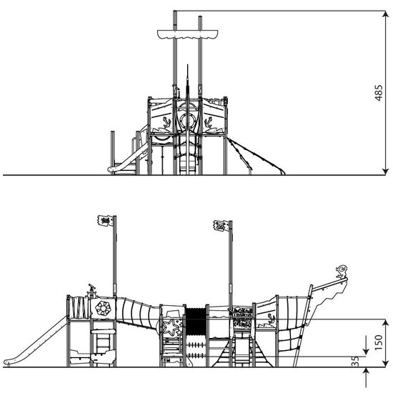 Afmetingen Zij aanzicht en afmetingen piratenschip