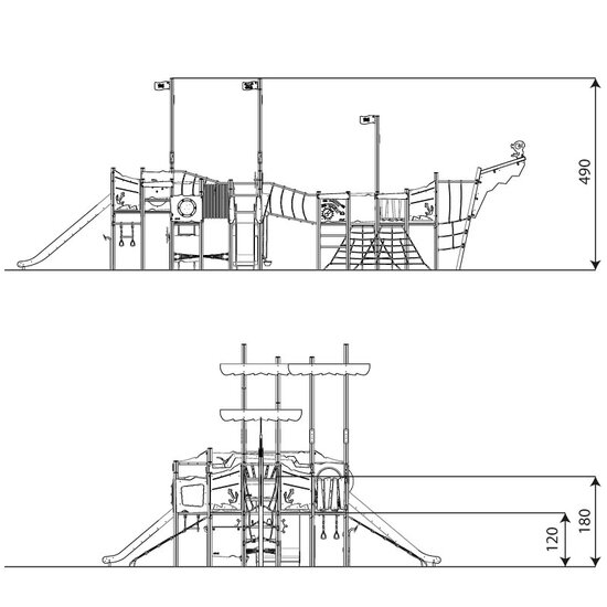 Afmetingen en boven aanzicht piratenschip 