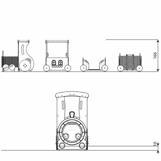 Vooraanzicht en afmetingen locomotief en wagonnen