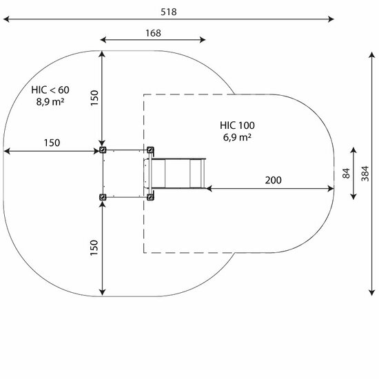 Boven aanzicht en afmetingen talud/platform glijbaan