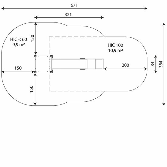 Boven aanzicht en afmetingen talud/platform glijbaan