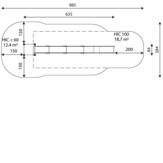 Boven aanzicht en afmetingen talud/platform glijbaan