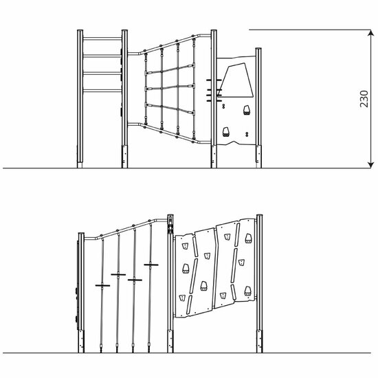Zij aanzicht klimparcours met afmetingen