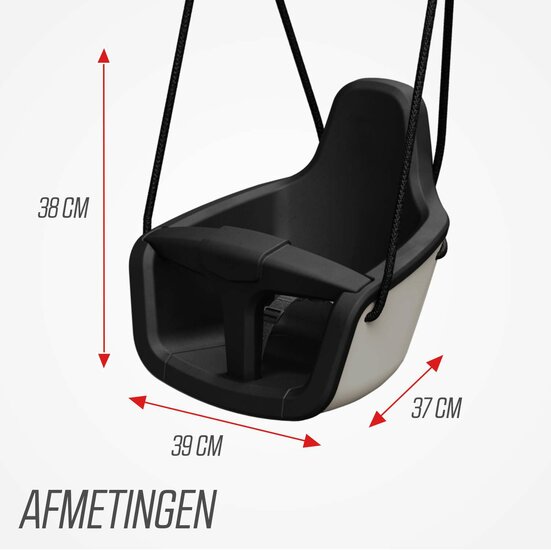 BERG Babyschommel met zwart BR touw afmetingenafmetingen