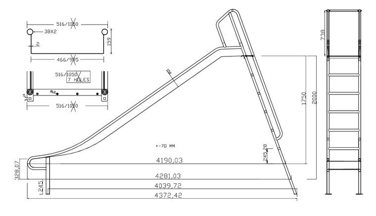 Technische tekening van Vrijstaande Glijbaan RVS Professioneel met ladder Platformhoogte 175/200 cm Premium
