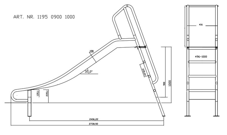 Technische tekening van Vrijstaande Glijbaan RVS Professioneel met ladder Platformhoogte 90/100 cm Premium