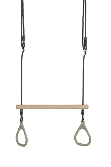 Houten Ringtrapeze met Kunststof Ringen Pastel Groen en BR Touw Zwart hangt 