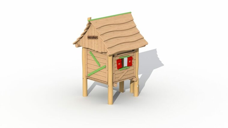 Achterzijde Eco-Play Minidorp Houthakkershutje met stappaaltjes Robinia Openbaar