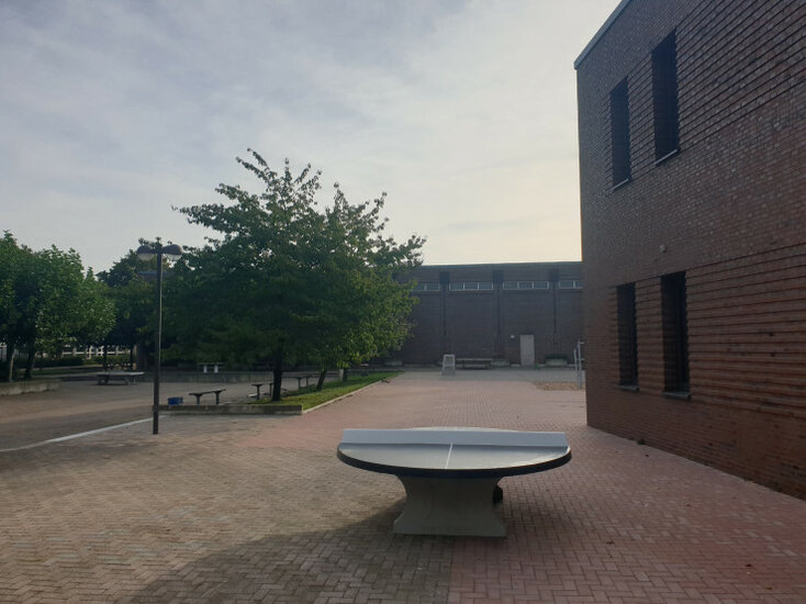 Ronde Betonnen Tafeltennistafel Antraciet bij gebouw