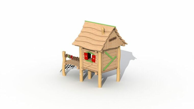 Achterkant Eco-Play Minidorp Houthakkershutje met terrasje Robinia Openbaar