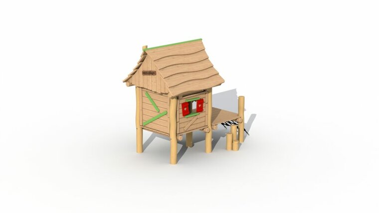 Zij aanzicht Eco-Play Minidorp Houthakkershutje met terrasje Robinia Openbaar