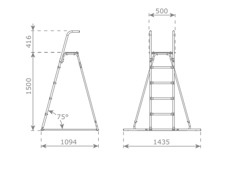 schets van vrijstaande ladder 150 cm
