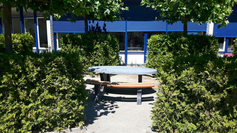 Antraciet Betonnen Picknickset DeLuxe Ovaal met Bamboe Zitvlak in parkje