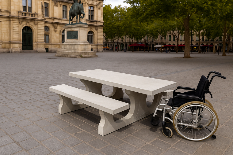 Naturel Betonnen Picknickset Standaard Rolstoeltoegankelijk met standbeeld op achtergrond