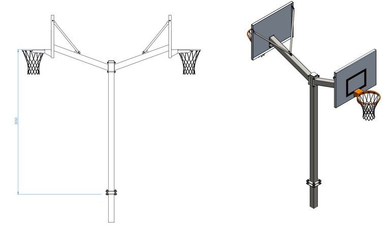 Afmetingen Basketbalpaal verzinkt dubbel met aluminium bord en oranje ring met netje