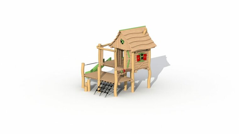 Boswachtershuisje met groene glijbaan