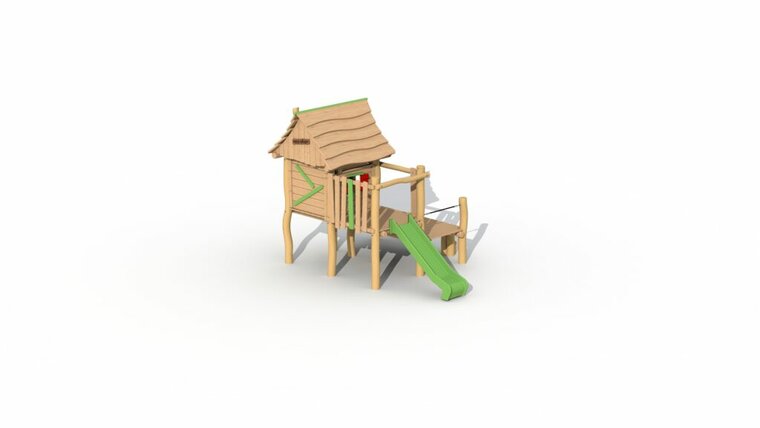 Boswachtershuisje met glijbaan in het groen