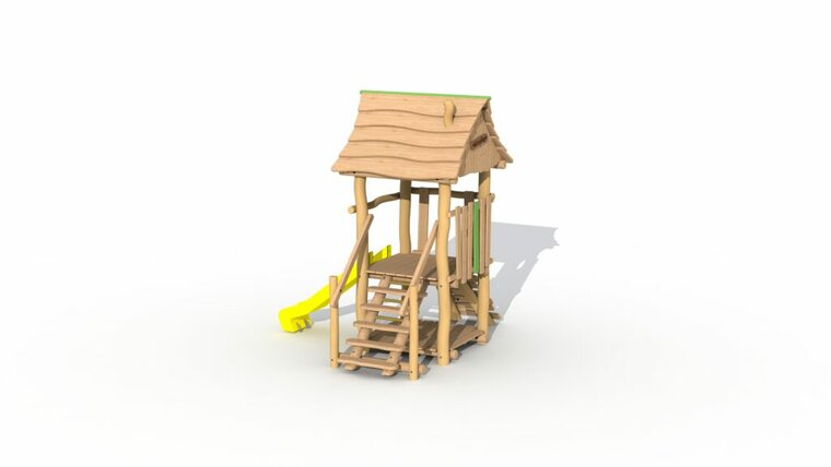 Zijde met trap van het Eco-Play Minidorp Jagerstoren met dak en glijbaan geel