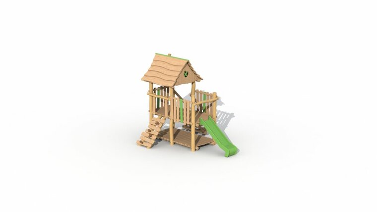 De andere zijde van het Eco-Play Minidorp Jagerstoren met balkon en glijbaan groen
