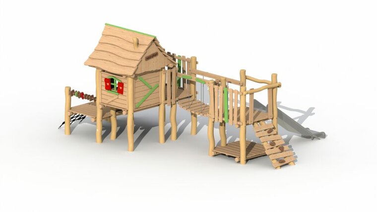 Achterkant Eco-Play Minidorp Stropersbos met RVS glijbaan 